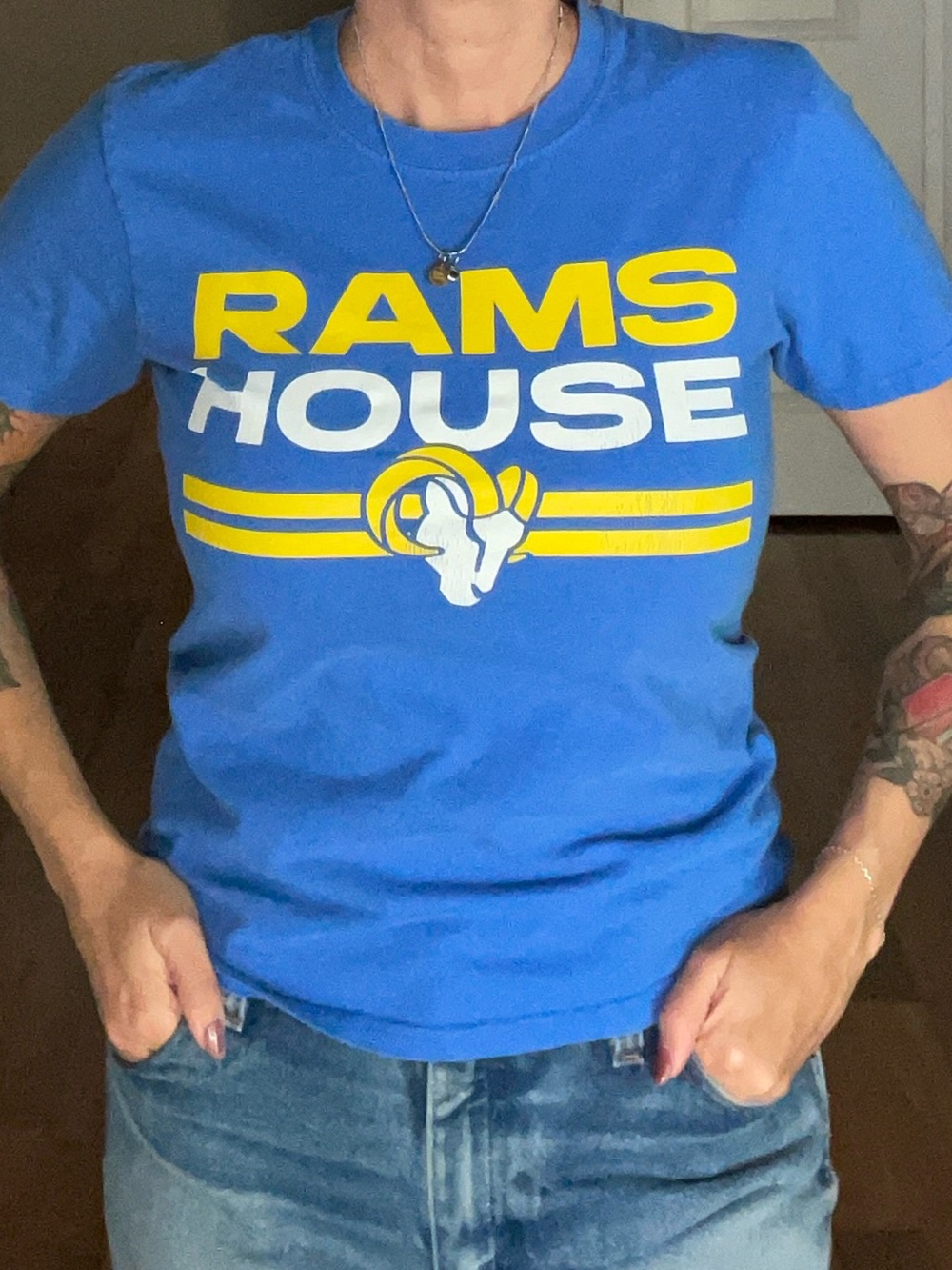 Port and Company Blue Rams House Graphic Tee with Yellow and White Print